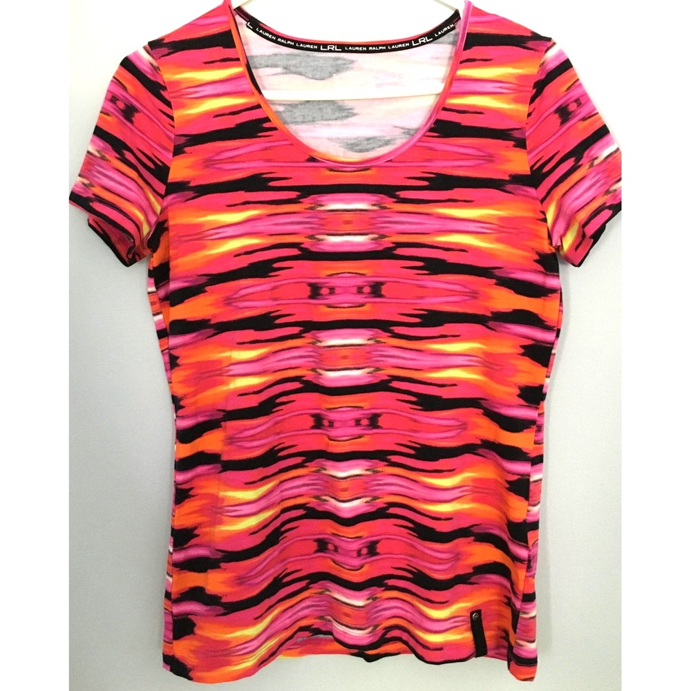 Lauren Ralph Lauren Active Shirt Women M Pink Orange Ikat Stretch Scoop Neck LRL